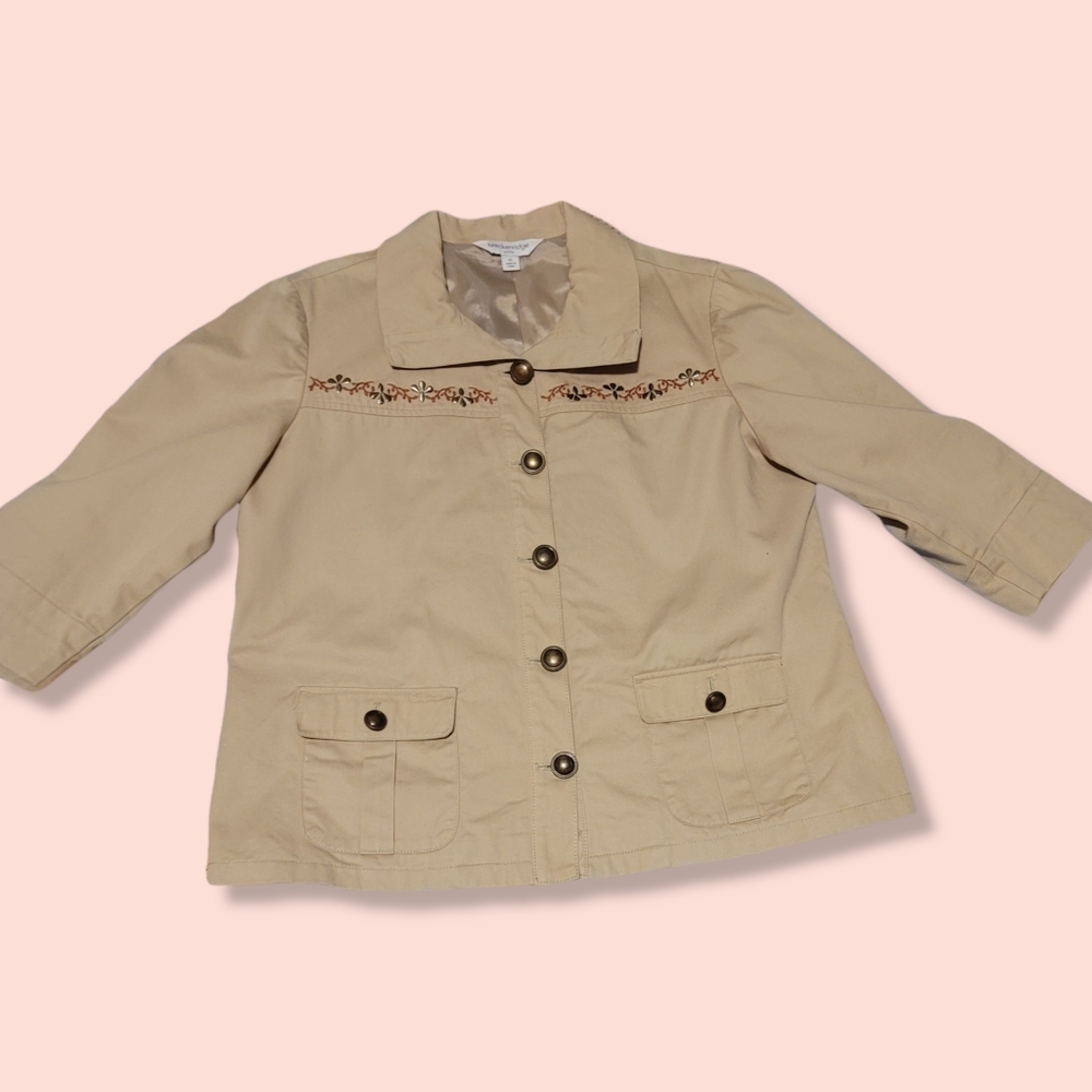Breckenridge Khaki Cotton Harvest Blooms Embroidered Jacket Petite Large